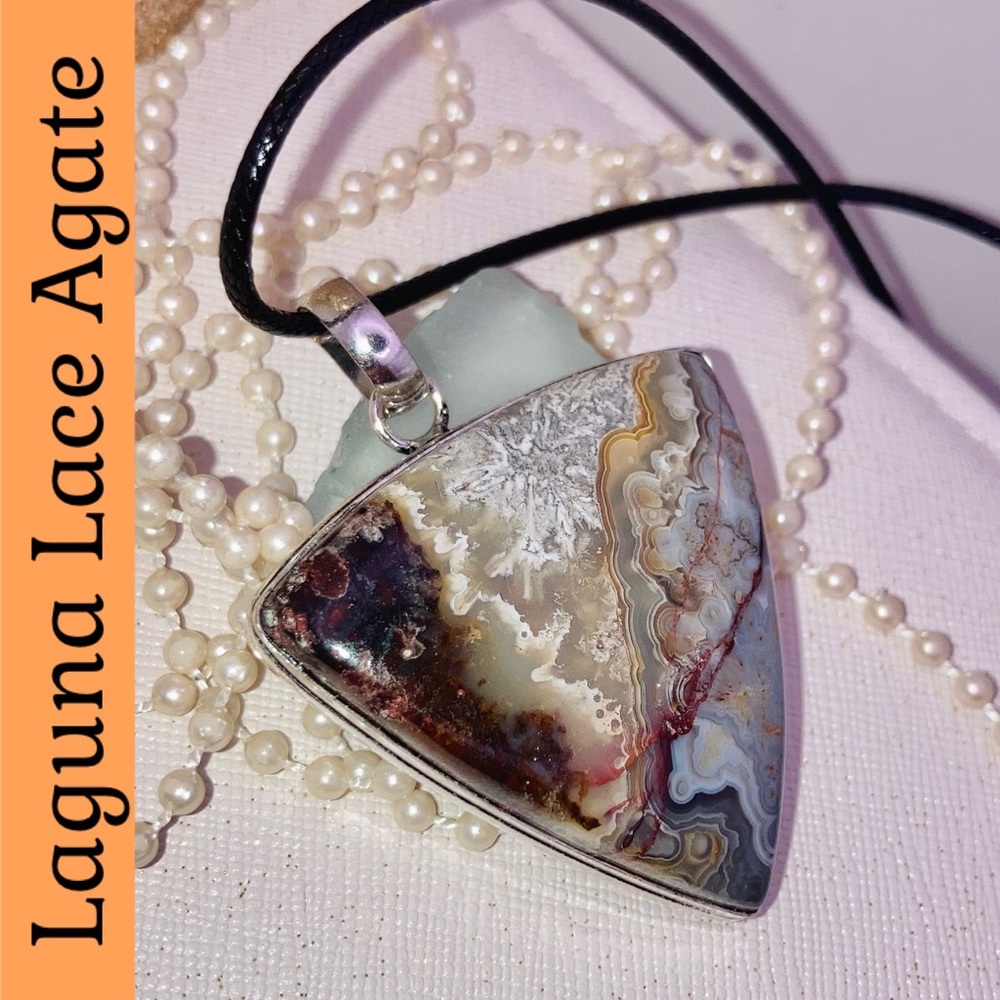 Laguna Lace Agate Gemstone Handmade Shield Pendant Choker Necklace